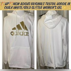 🎉HP🎉New Adidas Originals Trefoil Hoodie Chalk White/Gold Glitter Womens XXL✨